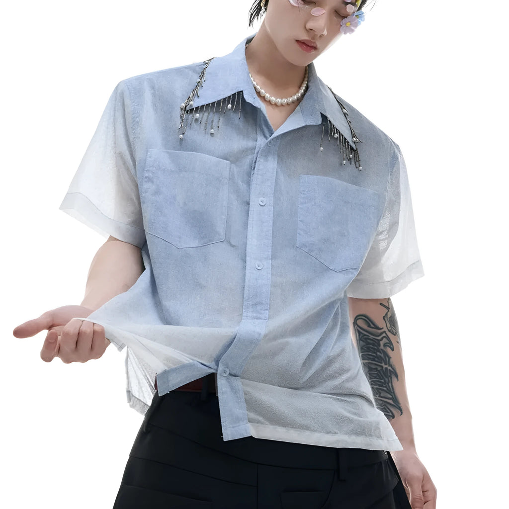 Men's loose fitting blue and white gradient short sleeve shirt with quilted texture.