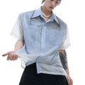 Men's loose fitting blue and white gradient short sleeve shirt with quilted texture.