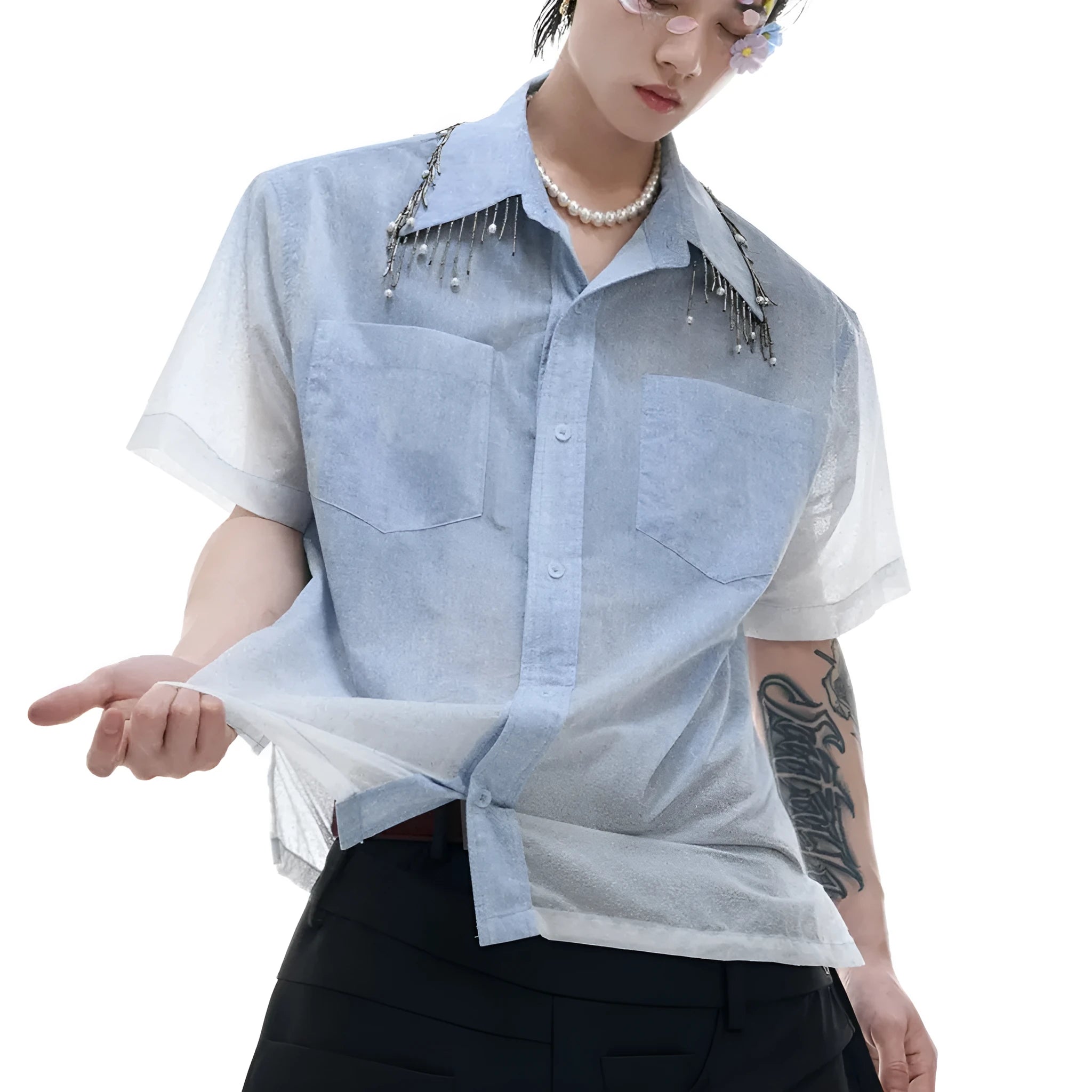 Men's loose fitting blue and white gradient short sleeve shirt with quilted texture.