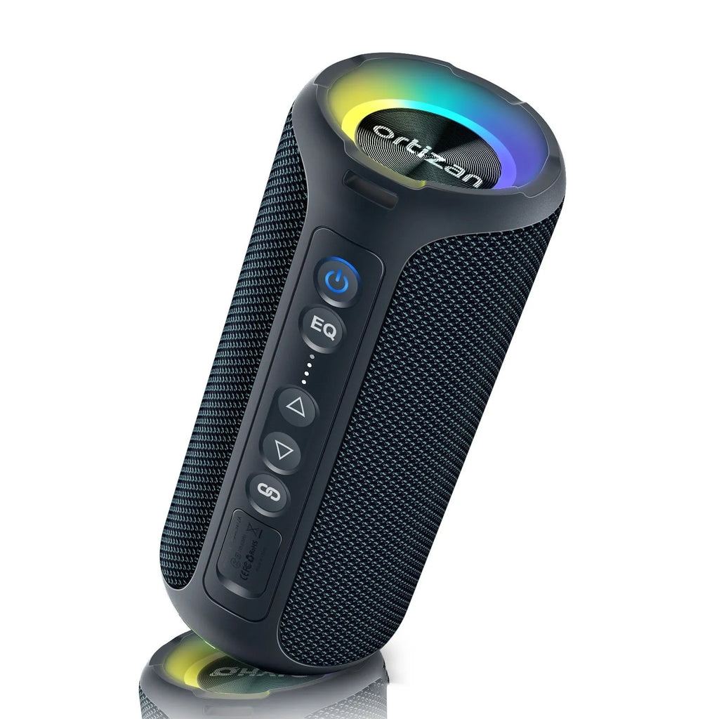 Black and blue fabric wireless Bluetooth speaker with 40W power and waterproof rating