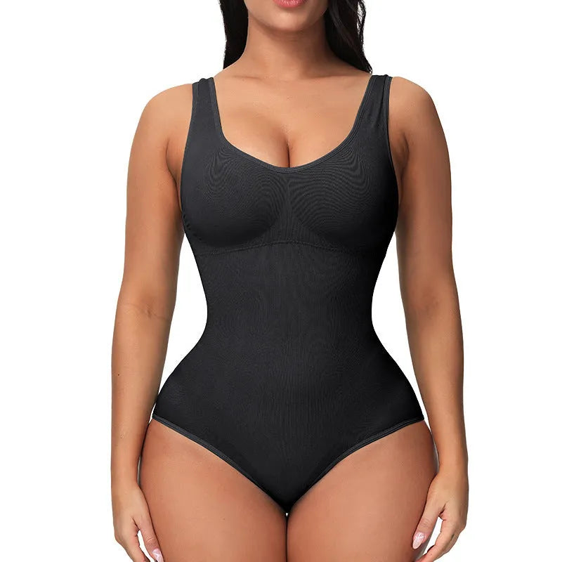 Women's seamless nylon bodysuit corset for waist support and hip lift, shown in apricot colour.