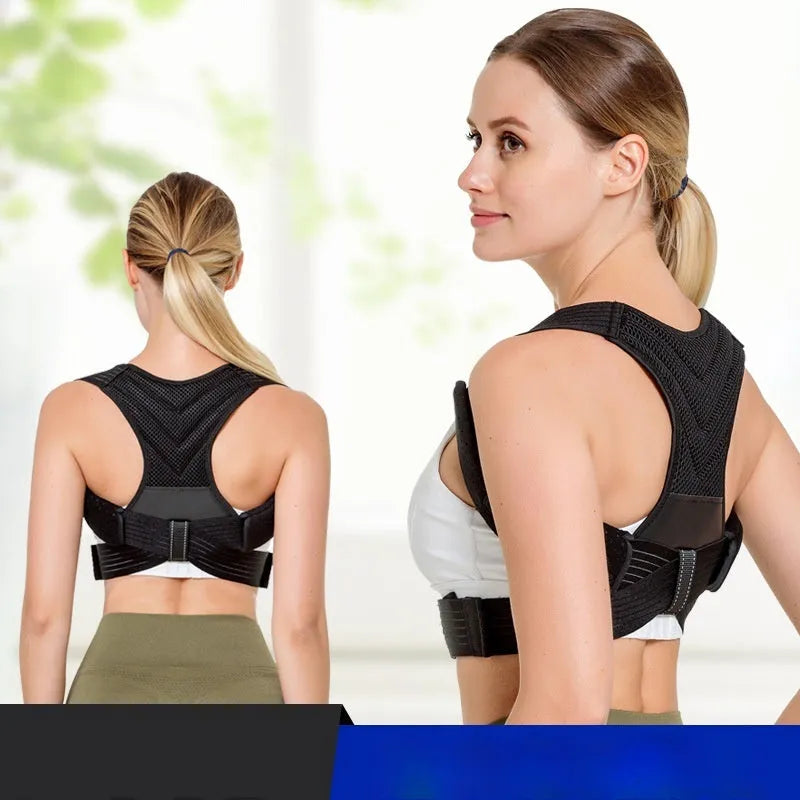 Black adjustable anti-humpback posture correction belt worn on torso