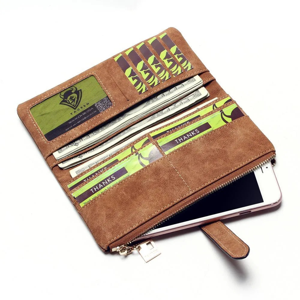 TAUREN vertical long wallet in retro matte Pu leather showing zip closure and internal card slots.