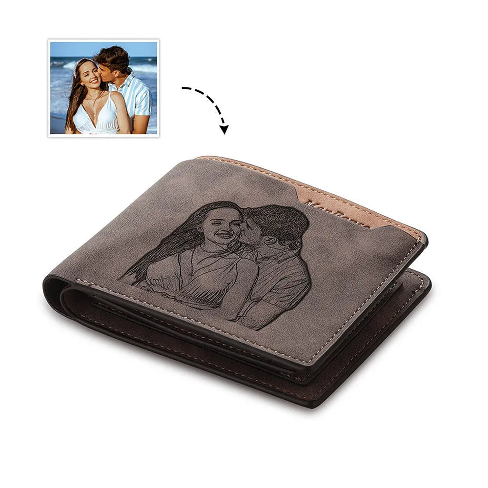 Coffee-colour engraved horizontal short wallet made from PU leather showing personalisation space.
