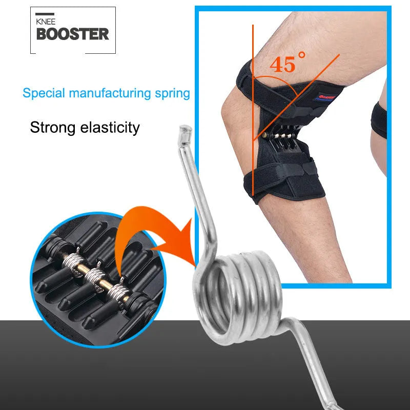 Black adjustable knee brace with patella support and visible booster spring mechanism for sports.