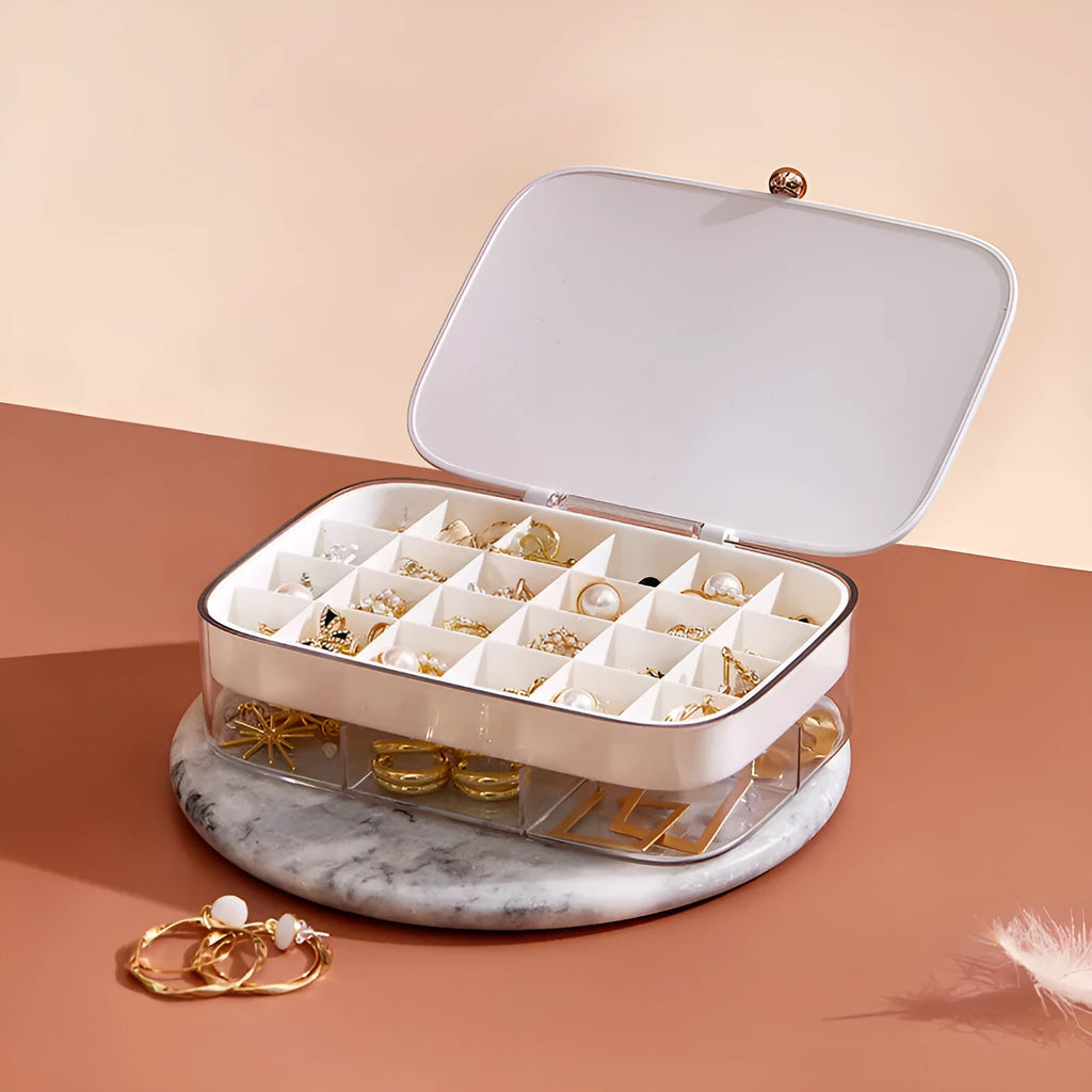 Modern minimalist jewelry storage box with multi-layer compartments measuring 17×11×4.6cm