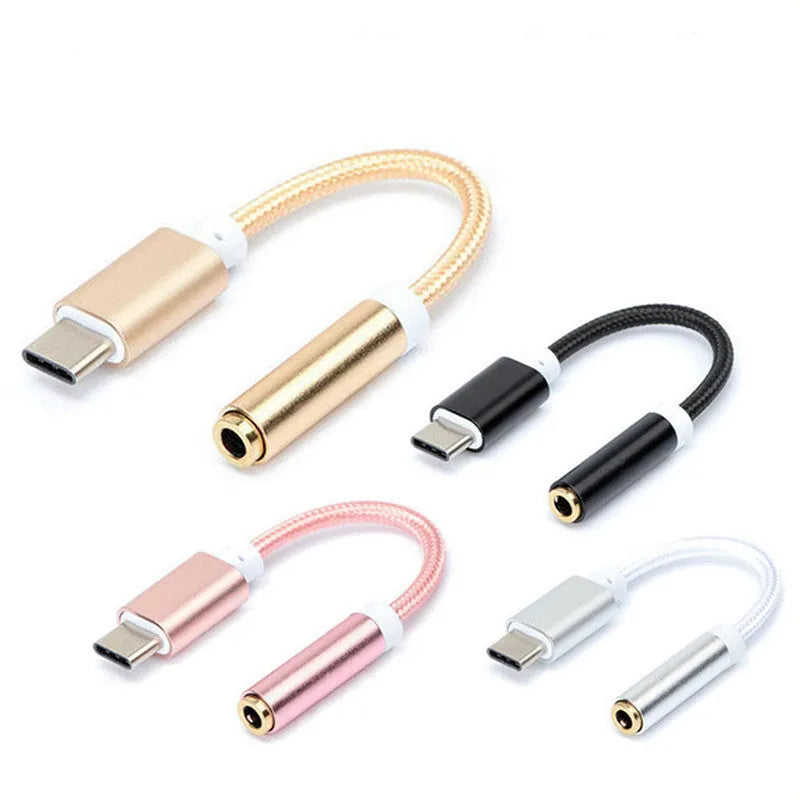 Nylon-braided TYPE-C to 3.5mm female headphone adapter cable in multiple colours