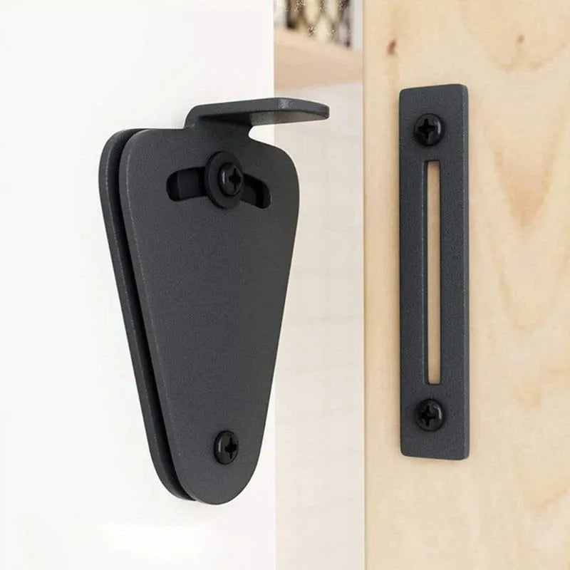 Black stainless steel sliding barn door lock showing S and M size options for different gap measurements