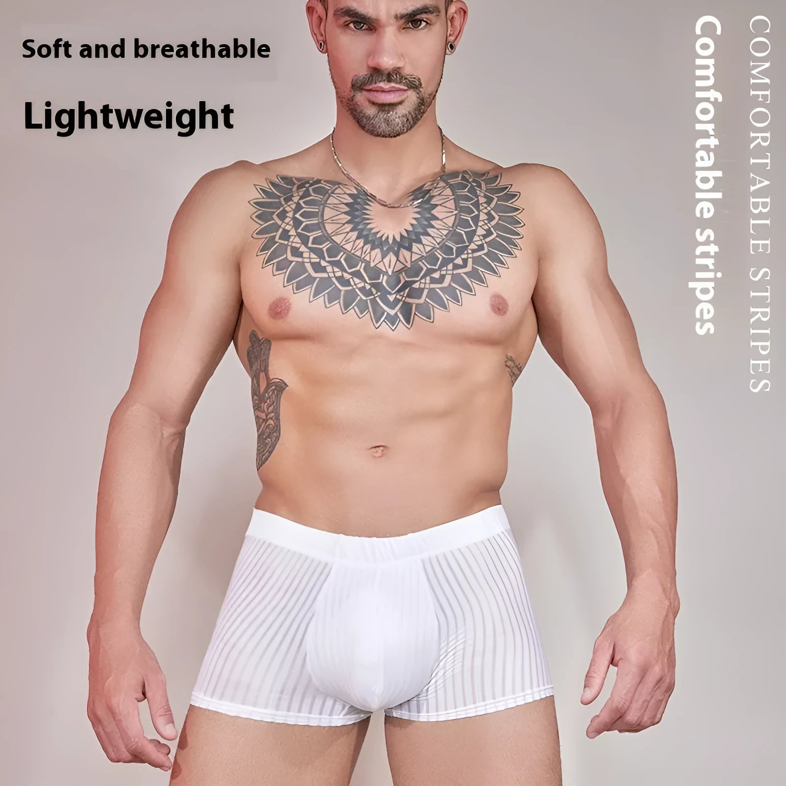 Men's striped transparent underwear in black, dark grey and white colours