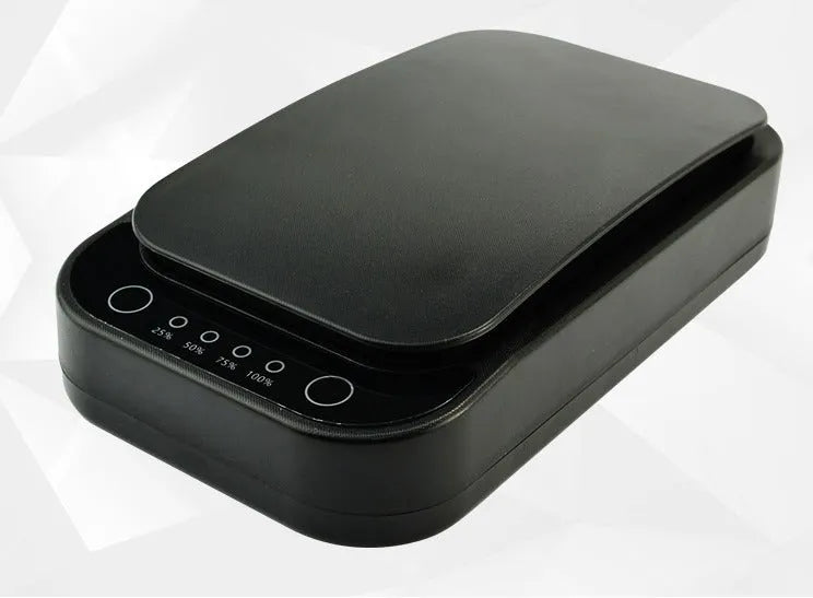 Blue and white ultraviolet disinfection box for mobile phones with display showing interior.