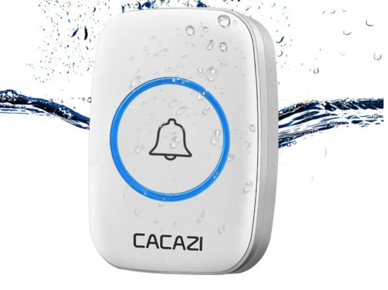 Wireless doorbell kit showing AC plug-in receiver and battery-powered transmitter in black finish.