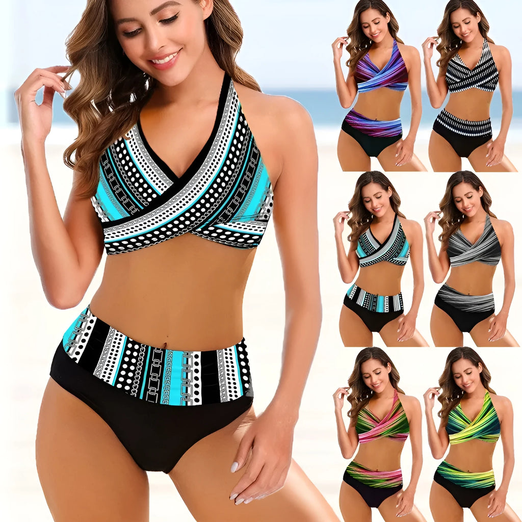 Ladies striped tie-dye hollow-out bikini with high-waisted briefs on a mannequin.