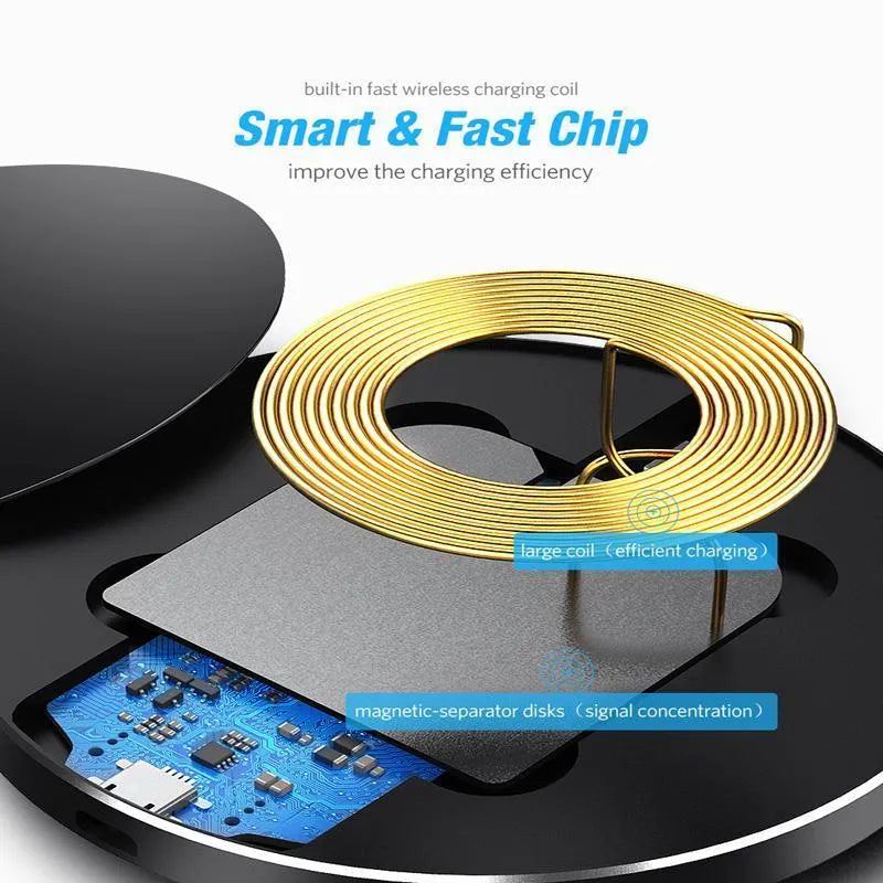Ultra-thin black wireless fast charger with 9V QI charging and 98×98×6.5mm dimensions