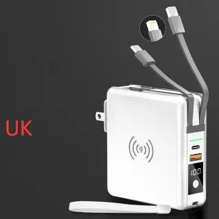 Black and white PD20W fast charging power bank with wireless capability and integrated plug