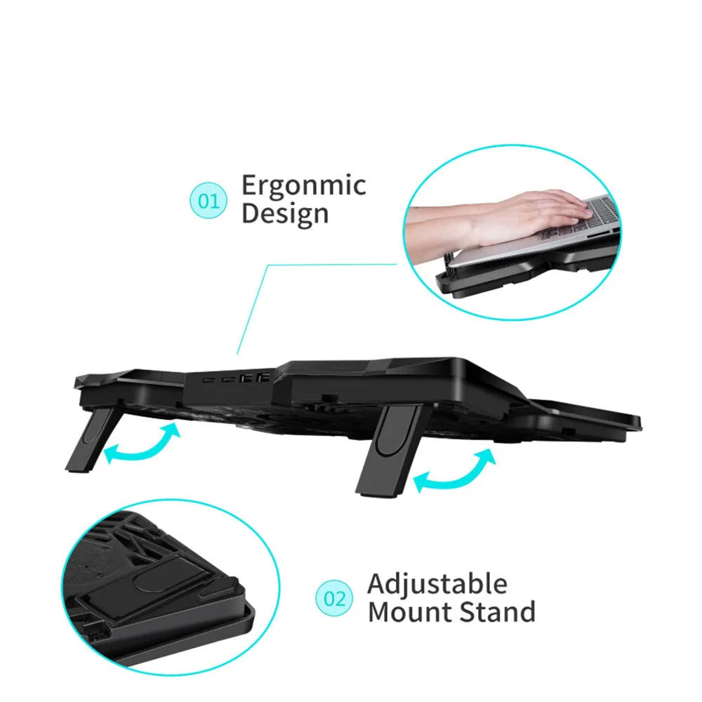 Blue laptop cooling base with four LED fans and dual USB ports