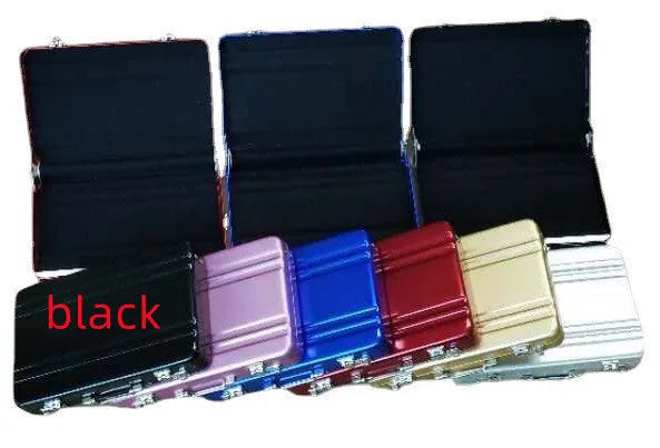 Slim aluminium alloy metal card holder in six colour options: red, blue, black, silver, pink, and gold.