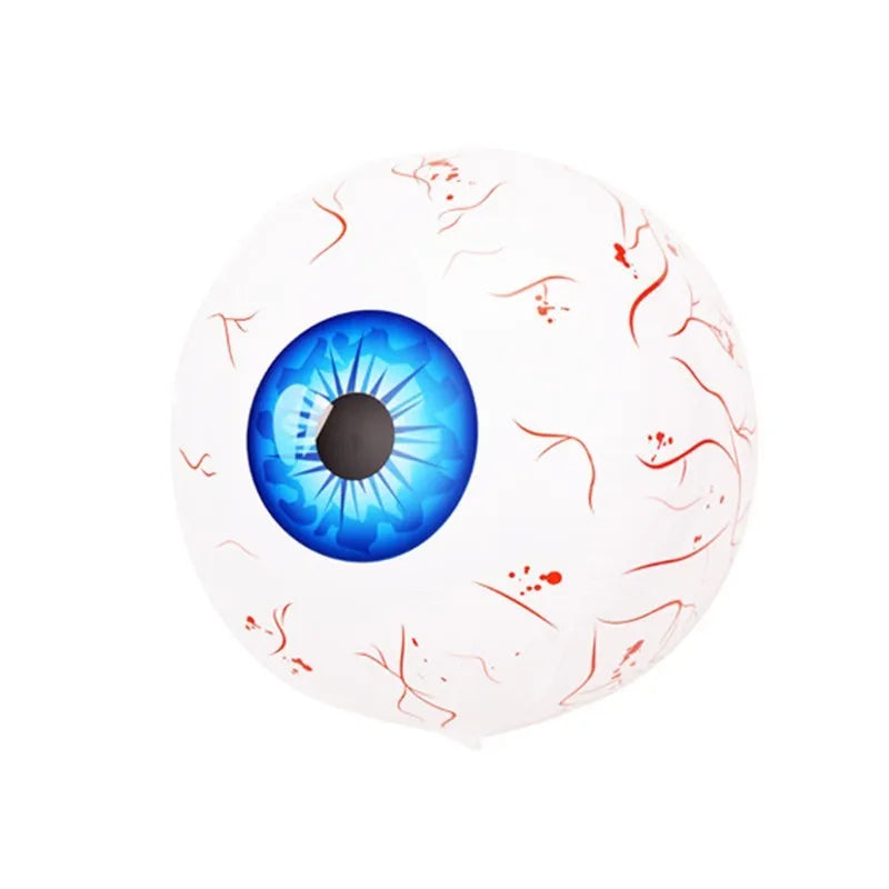 Green Halloween balloon with detailed bloodshot eyeball design, shown inflated.