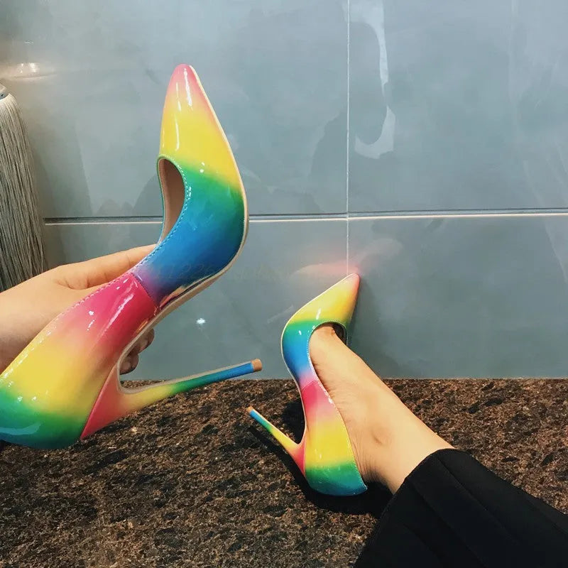 Rainbow patent leather women's stiletto heels with pointed toe and ultra-high thin heel