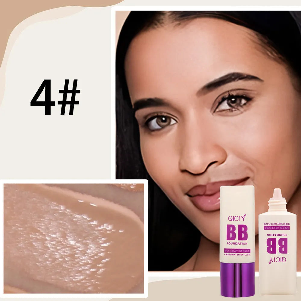 Feeding bottle of liquid foundation BB cream in one of ten available shades for brightening and concealing.