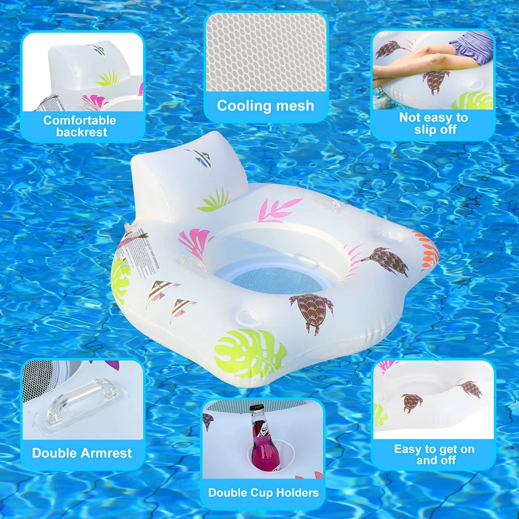 White luminous U-shaped inflatable float on water showing 120x120cm dimensions