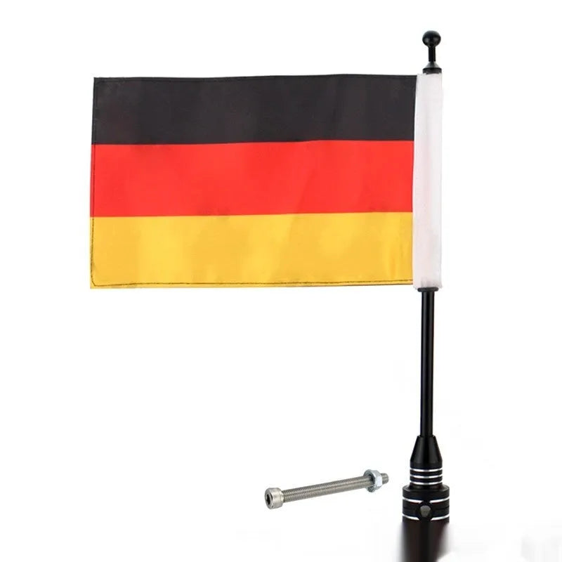 Motorcycle side box flagpole mounting bracket with German flagpole styling and electroplated finish