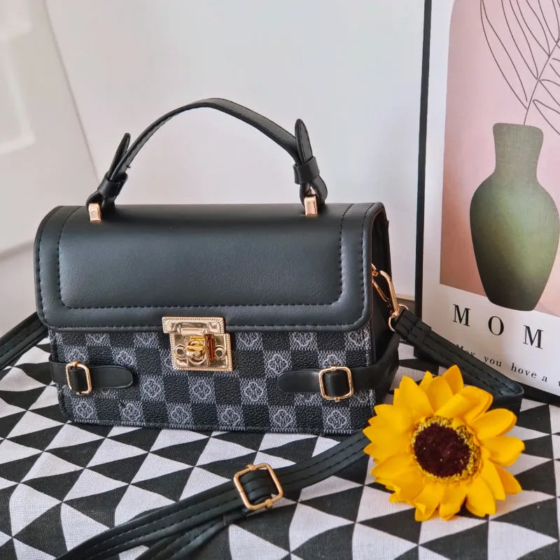 PU leather retro square crossbody bag with ethnic stitching and plaid patterns, shown in apricot colour.