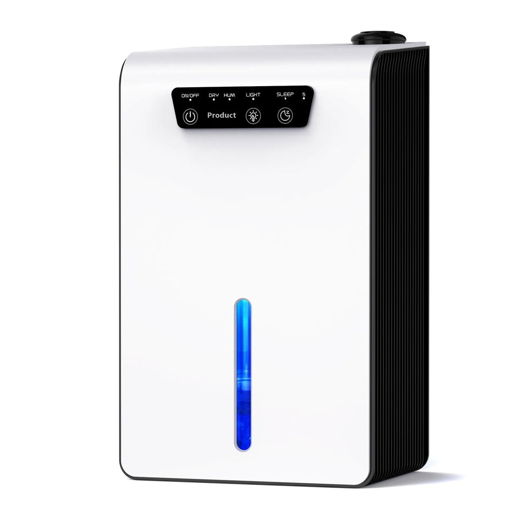 Milky white household dehumidifier unit on a floor, suitable for 10-20 square metre rooms.