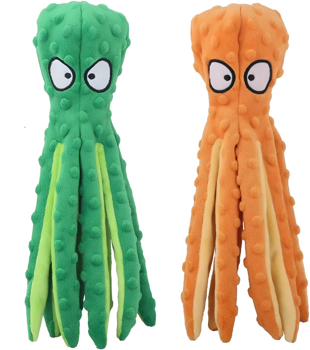 Blue octopus-shaped dog chew toy with crinkle sounds, unfilled construction, bite-resistant mesh material