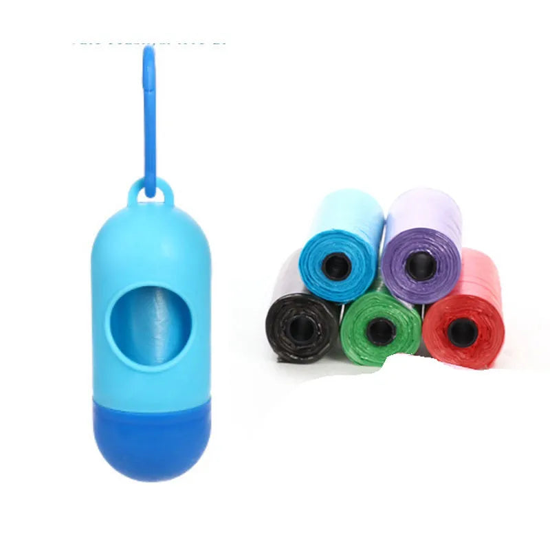 Set of five coloured dog waste poop bags showing black, blue, red, green, pink, and purple options.