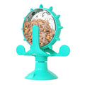 Interactive pet puzzle toy with spinner treat dispenser and suction cup base in multiple colours