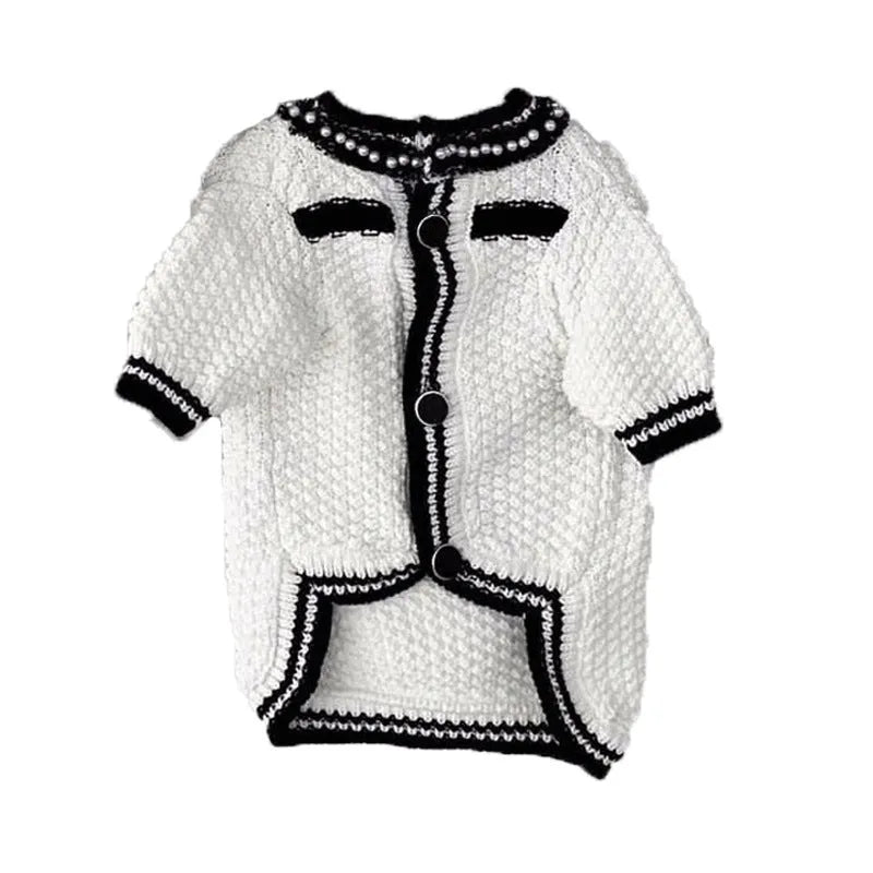 Korean style puppy sweater with pearl collar in black or white colour for small dogs