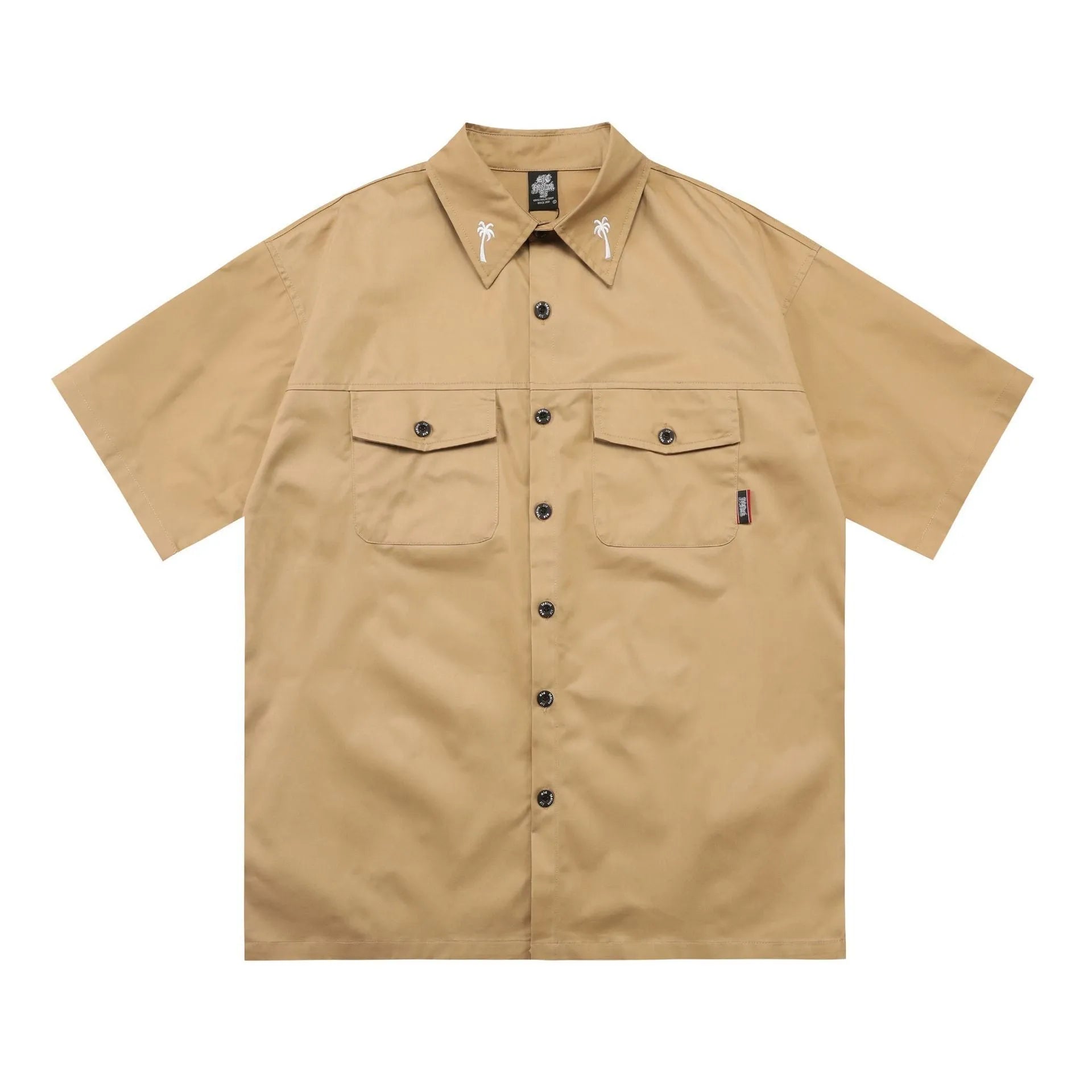 Men's loose fit black embroidered half-sleeve work shirt on a hanger.