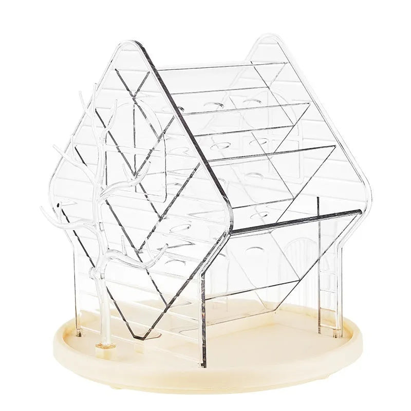 Rotating cosmetics storage box in clear or amber gold plastic with 360-degree rotation mechanism