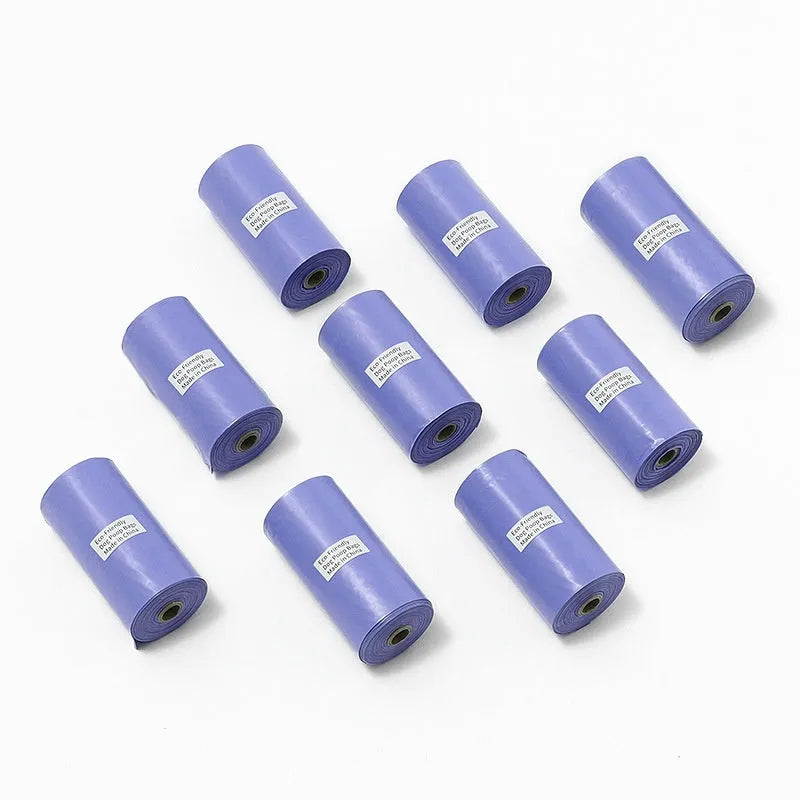 EPI degradable pet waste bags in green, black, blue, purple and orange colours with dispenser