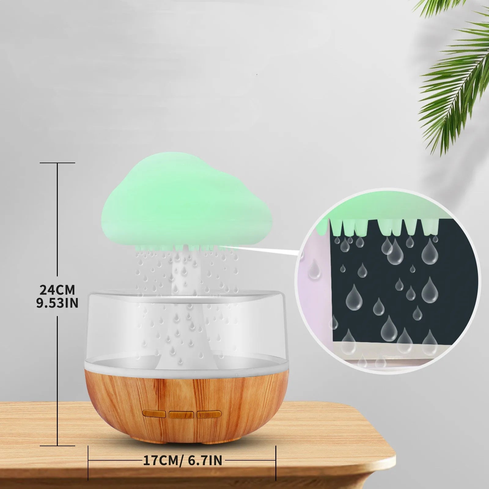 White cloud-shaped humidifier with night light and water flow display on wooden surface