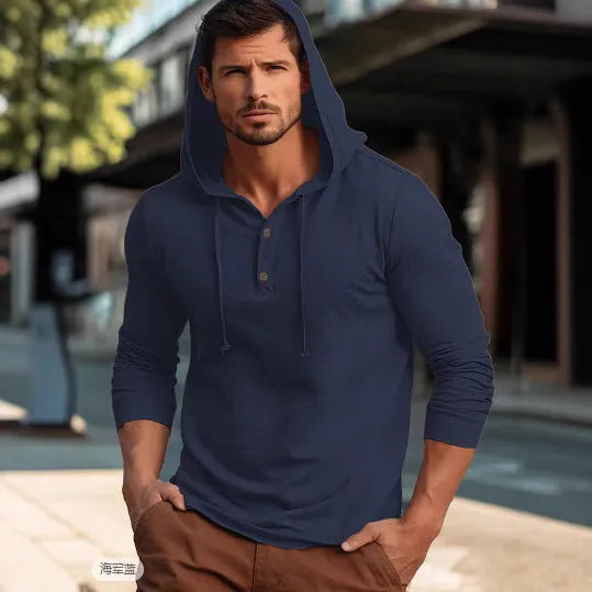 Men's cotton pullover hoodie in dark blue colour with long sleeves