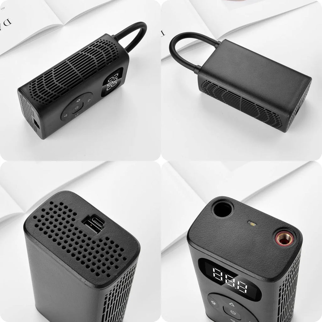 Black portable electric air compressor with inflatable tube for car motorcycle bicycle tyres