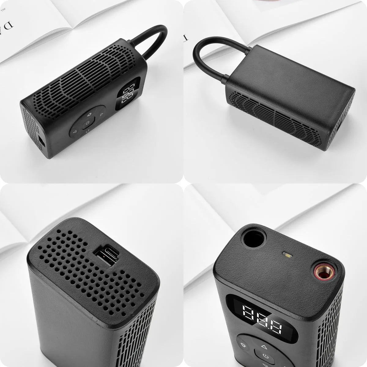 Black portable electric air compressor with inflatable tube for car motorcycle bicycle tyres