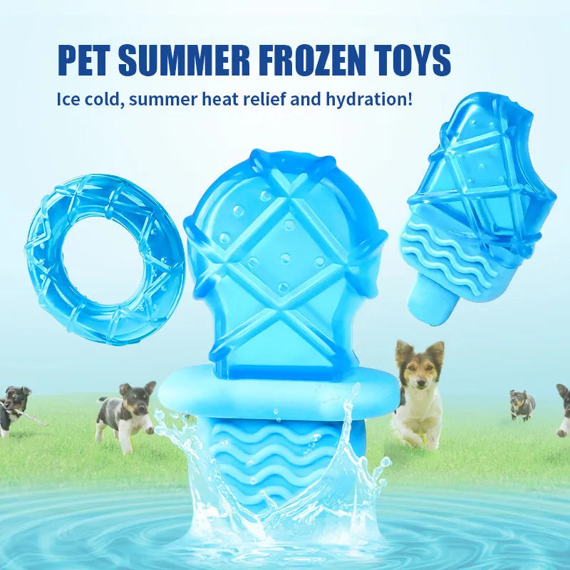 Summer ice dog cooling toy set with water-filled popsicle, pacifier, and ring chew toys