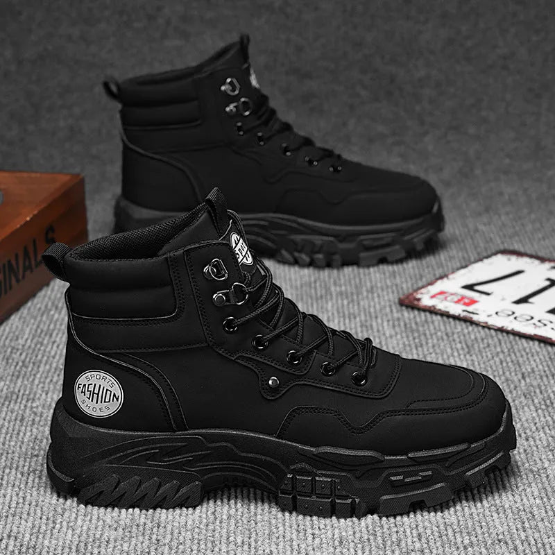 Men's black and yellow Martin boots with artificial PU upper and injection moulded sole