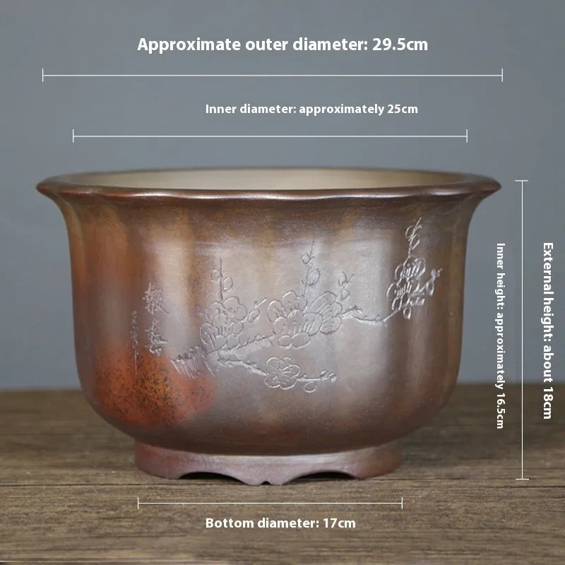 Purple sand ceramic flower pot with antique carved wood burning design for indoor plants