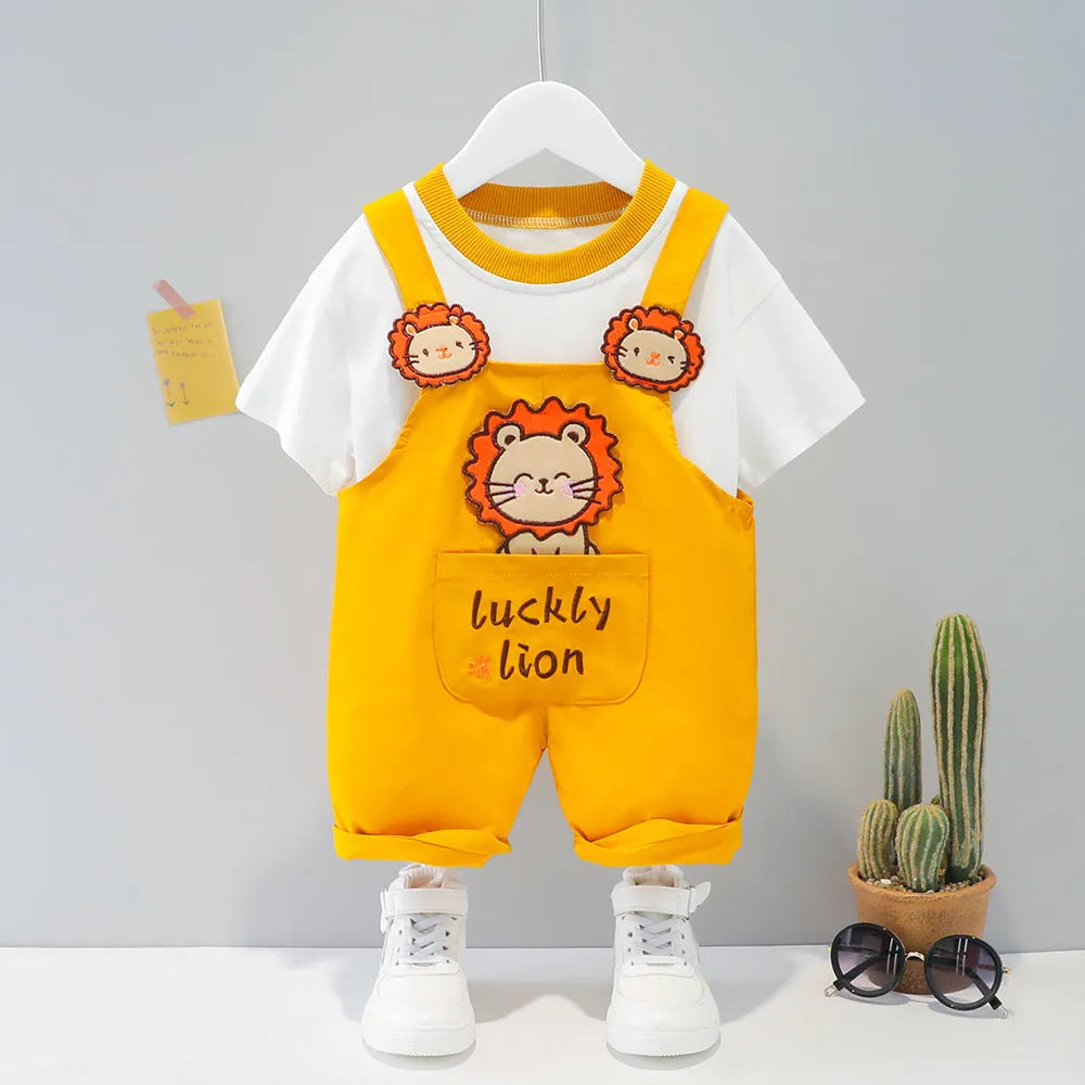 Yellow cartoon print baby overalls with adjustable straps, short sleeves, and an openable front.