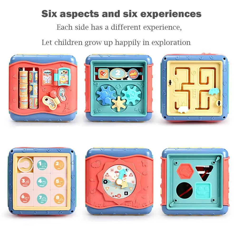 Six-sided baby educational toy with bead maze, gears, clock, and shape recognition activities