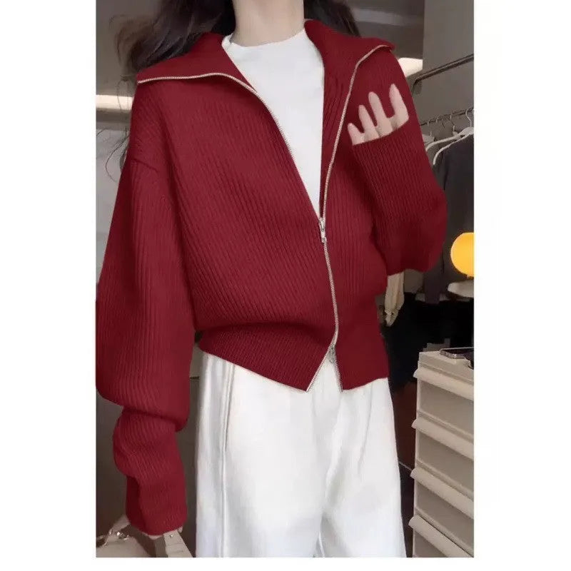 Hong Kong style double zipper knitted cardigan with floral pattern in loose fit free size