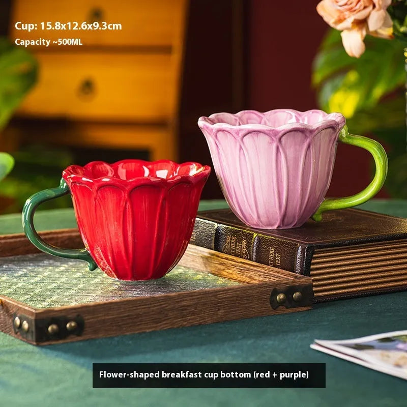 Floral pattern ceramic breakfast cup with 500ml capacity in pastoral style design