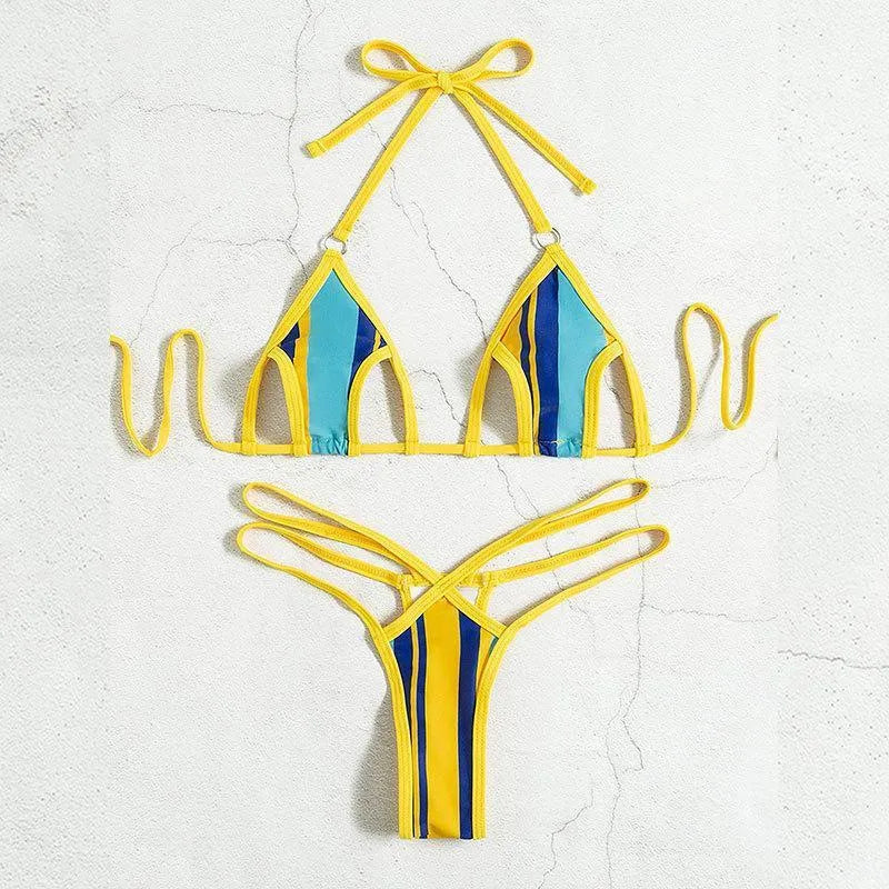 Yellow women's split swimsuit with neck-hanging style and hollow back design