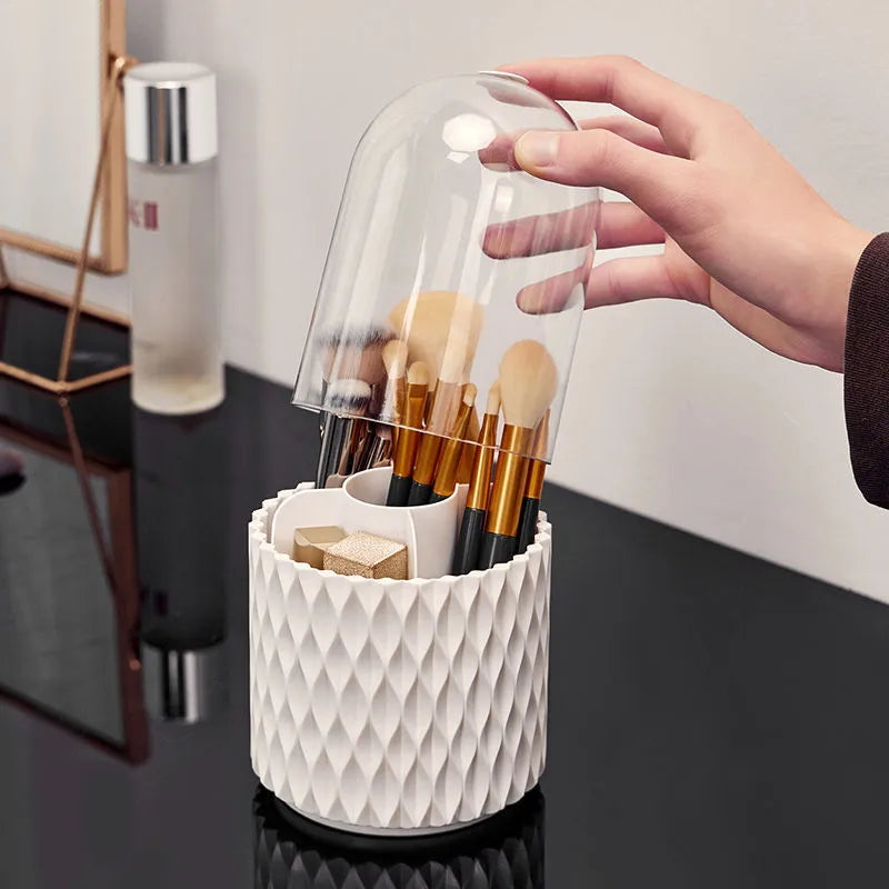 White rotating transparent acrylic makeup brush storage organiser with dustproof lid