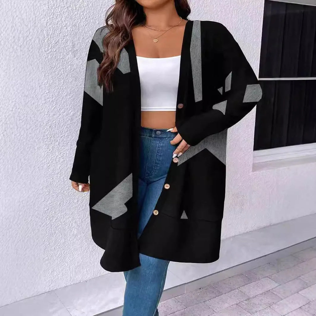 Black loose casual plus size knitwear cardigan with button stitching and printing design