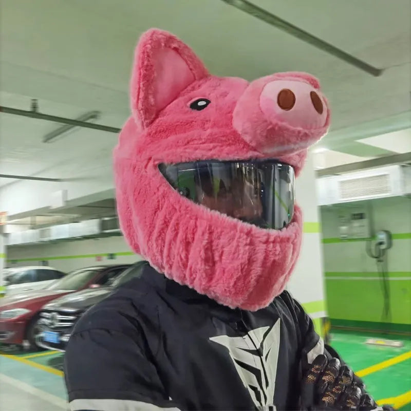 Pink pig cartoon plush motorcycle helmet protective hood made from soft pv velvet cloth