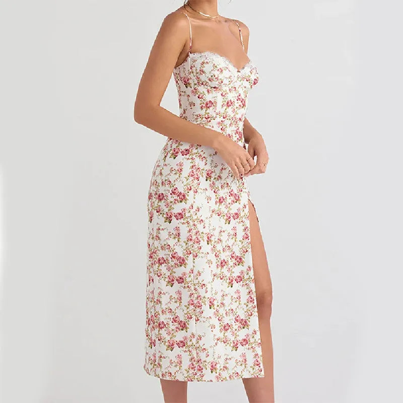Women's lace flower print long dress with side slit and adjustable suspender straps in summer colours